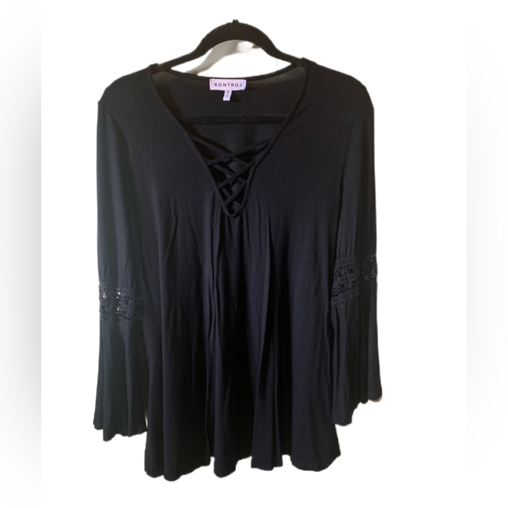 Kontrol Long Sleeve Blouse Lattice Front Embroidered Elbows Size 1X